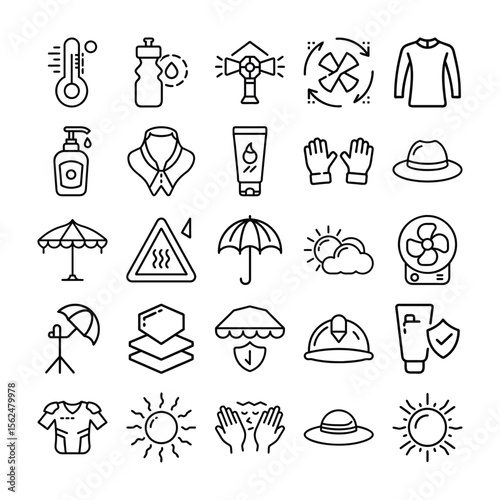 Collection of Summer Safety Weather and Protection Icons in Outline Style