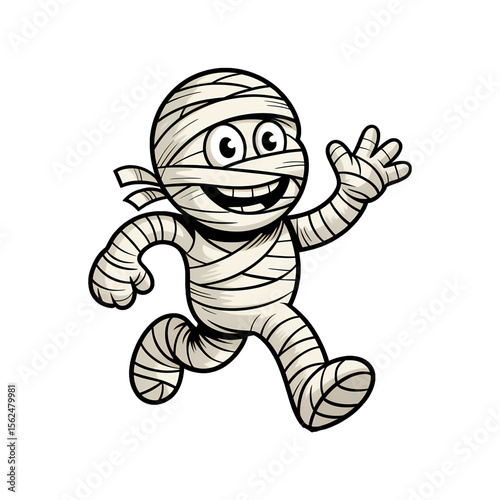 Cartoon mummy character joyfully running and waving with enthusiasm during Halloween festivities