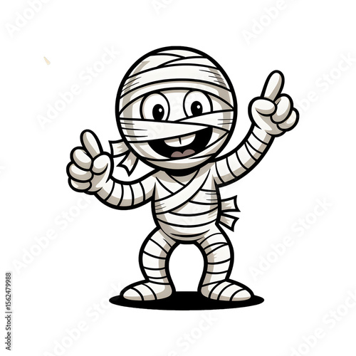 Cartoon mummy character joyfully running and waving with enthusiasm during Halloween festivities