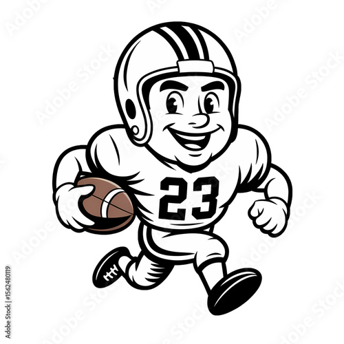 Cheerful cartoon character in football helmet running happily on a white background