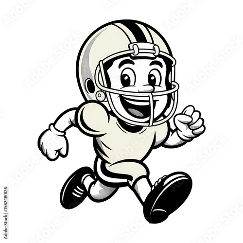 Cheerful cartoon character in football helmet running happily on a white background