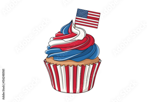 A patriotic cupcake topped with red white and blue frosting celebrating the 4th of July holiday with