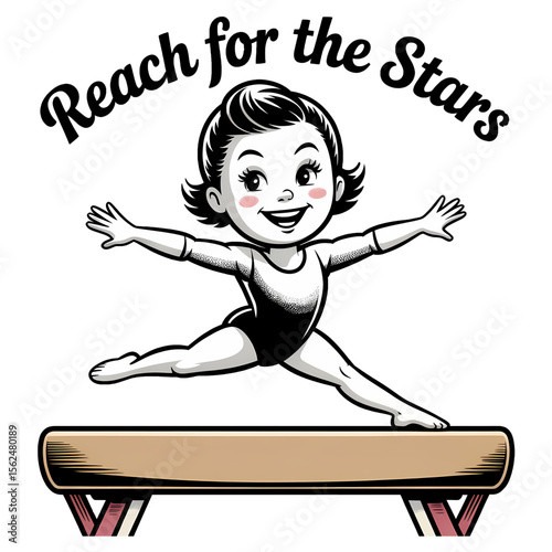 Young gymnast practicing on balance beam with cheerful expression and motivational quote in a training studio