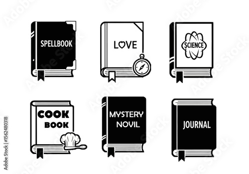 Collection of six stylized book icons with various themes in black and white illustration style art