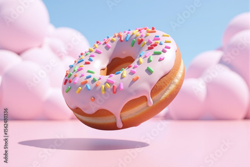Donut rosado con confites multicolor sobre fondo satinado, enfoque frontal que destaca el contraste entre superficie brillante y base suave