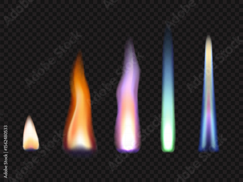 Fire flames of gas and zinc, potassium, strontium and sodium, realistic vector. Burning fire flames of natural gas or chemical elements with light glow or energy blaze effect isolated on transparent