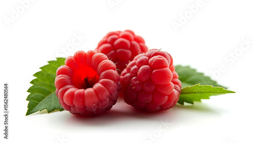 Raspberries with Green Leaf Isolated on a White Background for National Raspberry Day