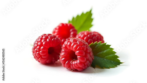 Raspberries with Green Leaf Isolated on a White Background for National Raspberry Day
