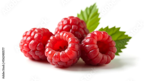 Raspberries with Green Leaf Isolated on a White Background for National Raspberry Day