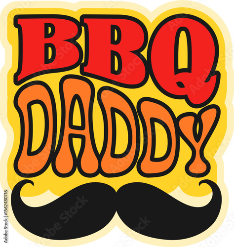 Barbeque daddy, BBQ grill retro Y2K sticker or tag. Restaurant grill menu funky vector tag, butchery market barbeque food label. Steakhouse BBQ patch with curly mustaches and text colorful typography