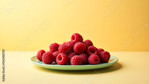 Raspberries on a plate on a yellow background for National Raspberry Day