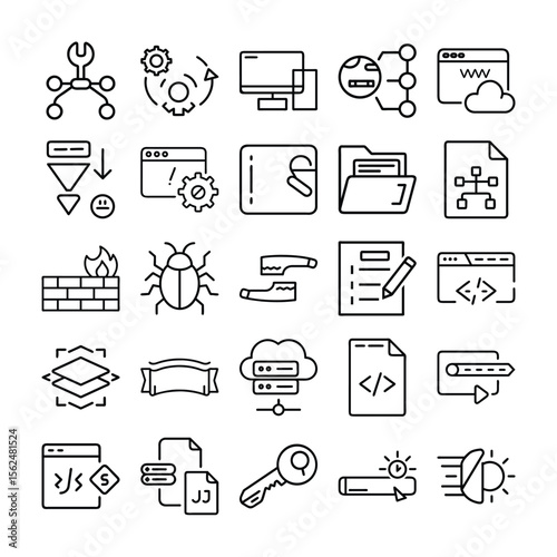 Collection of Thin Line Icons Representing Various Aspects of Web Development and Security