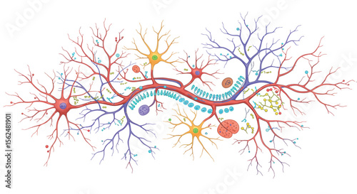 Colorful vector illustration of neural network connections in detailed hand drawn style