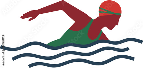 Swimmer in red cap and green suit swimming freestyle in wavy water vector illustration for water sport fitness and exercise training