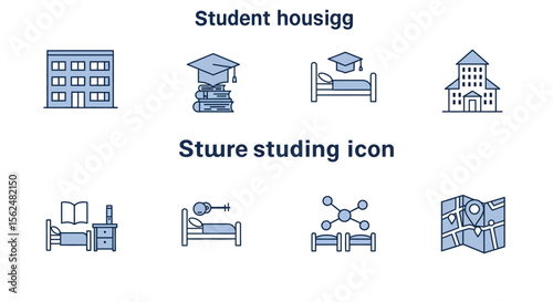 Student housing and study icons with education symbols
