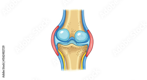 Colorful cross section of human knee joint anatomy with bone and cartilage details