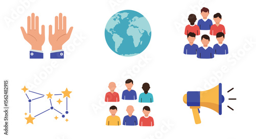 Flat icons of global teamwork, communication, and constellations