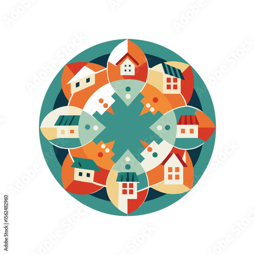Abstract Circle Community Logo with Houses Inside, Real Estate Symbol, Housing Network Concept, Neighborhood Icon, Modern Vector Design