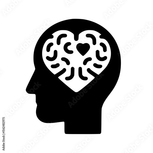 Minimalist Black SVG Silhouette of a Human Head with Brain and Heart for Mental Health and Emotional Awareness Designs