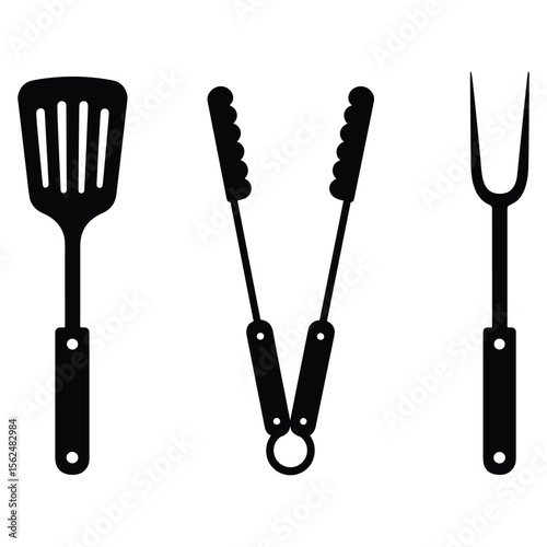 Barbecue grill tools including spatula tongs and fork silhouette