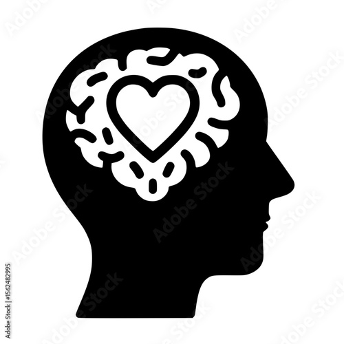 Minimalist Black SVG Silhouette of a Human Head with Brain and Heart for Mental Health and Emotional Awareness Designs