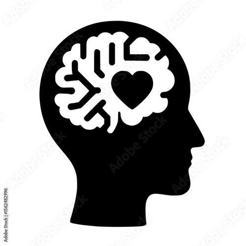 Minimalist Black SVG Silhouette of a Human Head with Brain and Heart for Mental Health and Emotional Awareness Designs