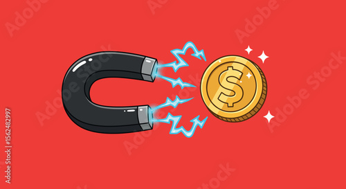 Magnet attracting money concept with dollar coin and lightning on red background