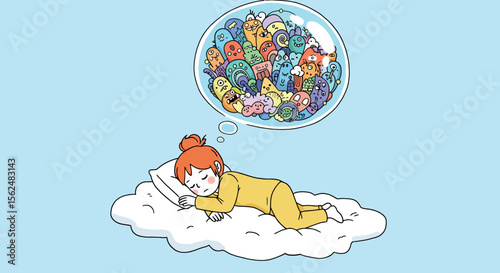 Dreaming girl on cloud with imaginative monsters in thought bubble