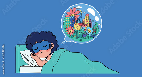 Child dreaming of whimsical world with nature and animals in bubble