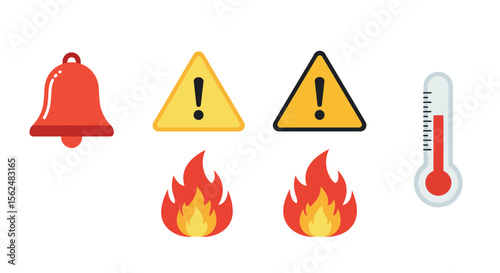 Alert symbols set: warning, fire, and temperature icons in flat design