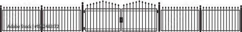 Wrought iron gate illustrations. Black metal fence entrance in different styles. Silhouette of a Victorian steel fence 