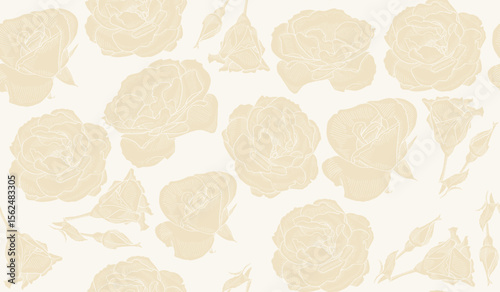 Seamless Pattern with rose flowers in beige vintage style. Gentle pastel color floral wallpaper for scrapbooking, invitations, package design, fabric print. Holiday botanical background. 
