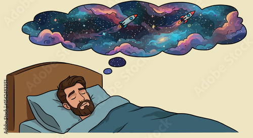 Man dreaming of space adventure with rockets and galaxies