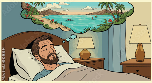 Dreaming of tropical paradise from cozy bedroom in pop art style