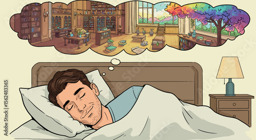 Dreaming of a cozy library: vector illustration of a peaceful sleep scene