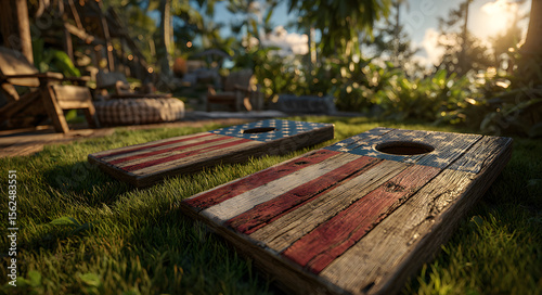Cornhole game with American flag design outdoors