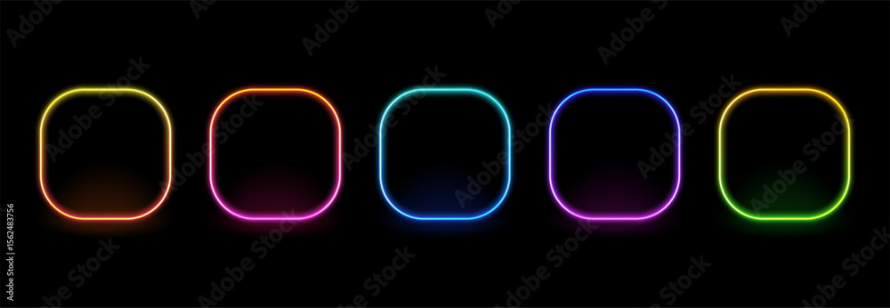 A row of five neon glowing rounded rectangle frames in different colors for border design. Abstract vibrant light display vector for user interface.