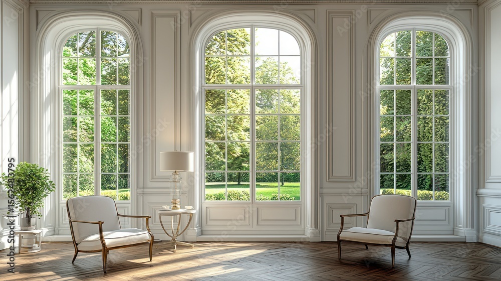 Fototapeta premium Luxurious interior with large windows overlooking a garden