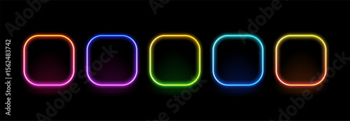 Rounded rectangle neon frame set with colorful glowing effect for abstract design. Light border collection. Banner background.