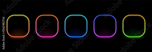 A row of five neon glowing rounded rectangle frames in different colors for border design. Abstract vibrant light display vector for user interface.