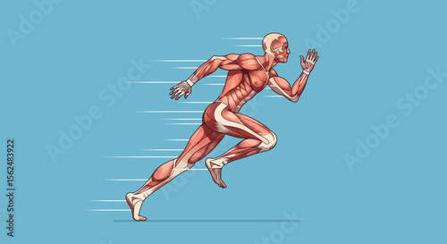 Dynamic anatomical muscle structure of a sprinting human figure on blue background