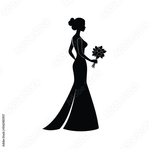Elegant Bridal Silhouette with Flowers on White Background  
