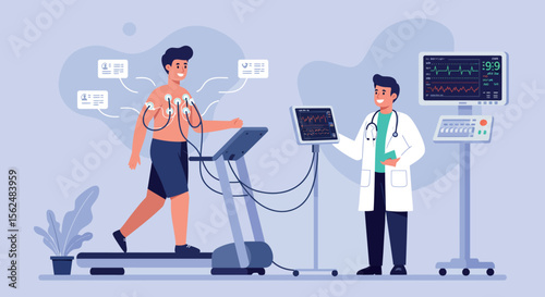 Medical checkup vector illustration: cardiac stress test in modern healthcare setting