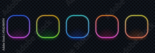 Five colorful neon rectangular frames with rounded corners, glowing vibrant light borders for a modern design concept.