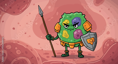 Cartoon germ warrior with spear and shield in microscopic battle scene