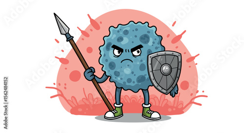 Warrior germ character vector illustration - cartoon monster with spear and shield for fun design