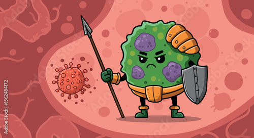 Cartoon warrior cell defending against virus