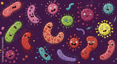 Colorful cartoon microbes on purple background
