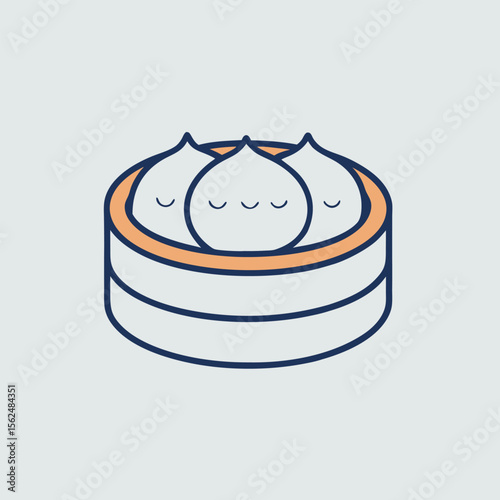 Vector illustration of Asian steamed dumplings (momo) arranged neatly in a round bamboo steamer basket, top view, realistic flat style, soft shadows, warm color tone, clean white background, high deta