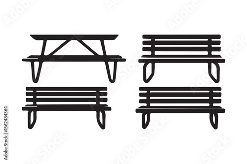 Collection of black silhouette picnic tables and park benches